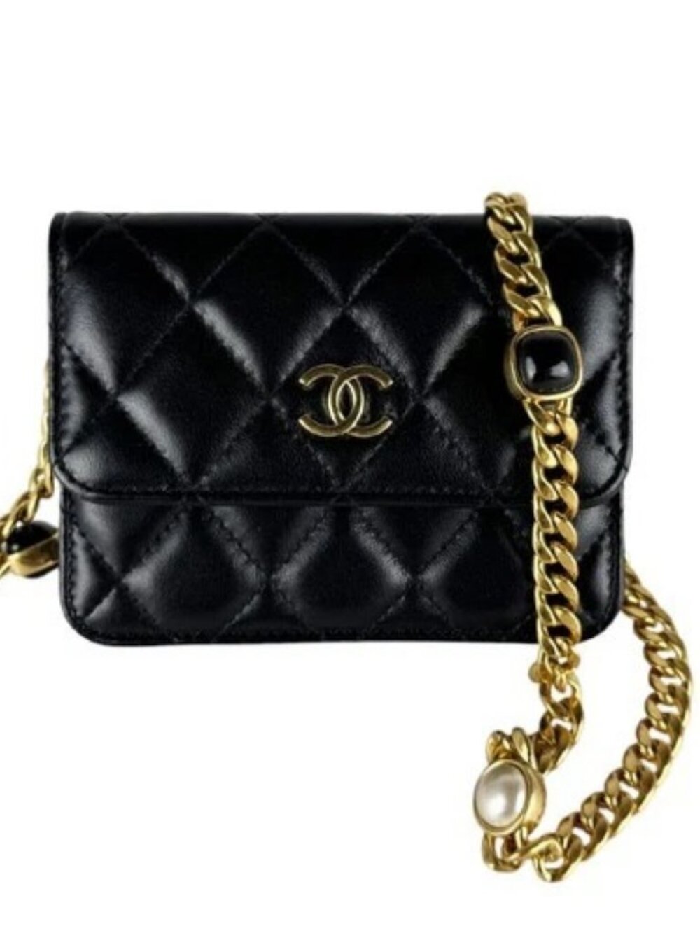Auth CHANEL Crossbody Bag Shoulder Wallet Pochette Black/Gold/White - z10390